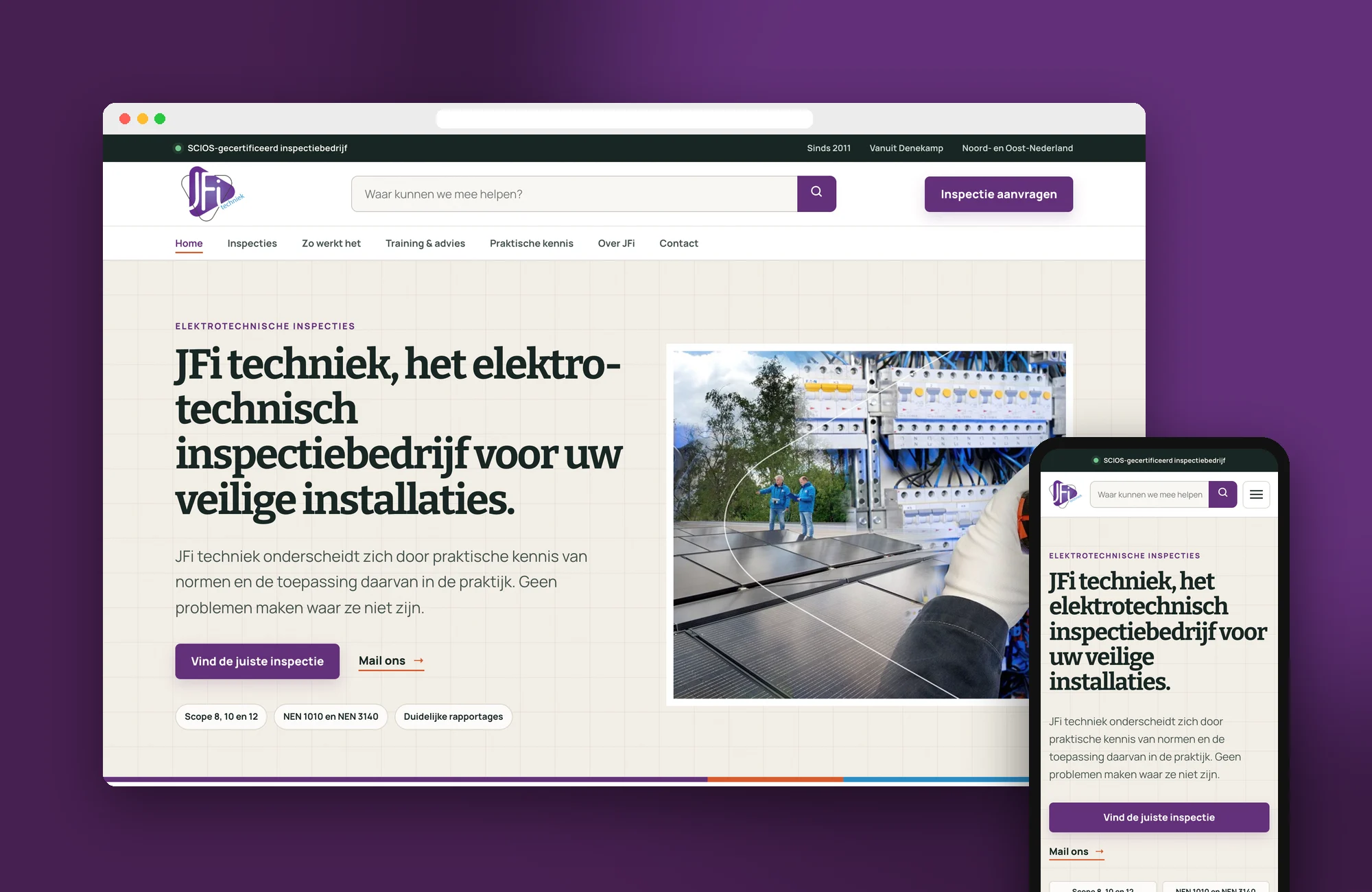 De homepage van JFi techniek op desktop en mobiel