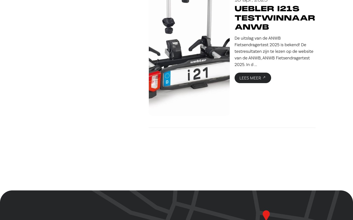 Pagina van de Uebler Benelux-website met een packshot van een fietsdrager